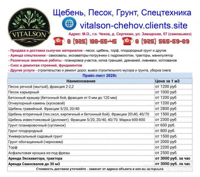 Виталсон. Вывоз строительного мусора, Грунта. Чехов. Серпухов. Ступино. Подольск в Чехове
